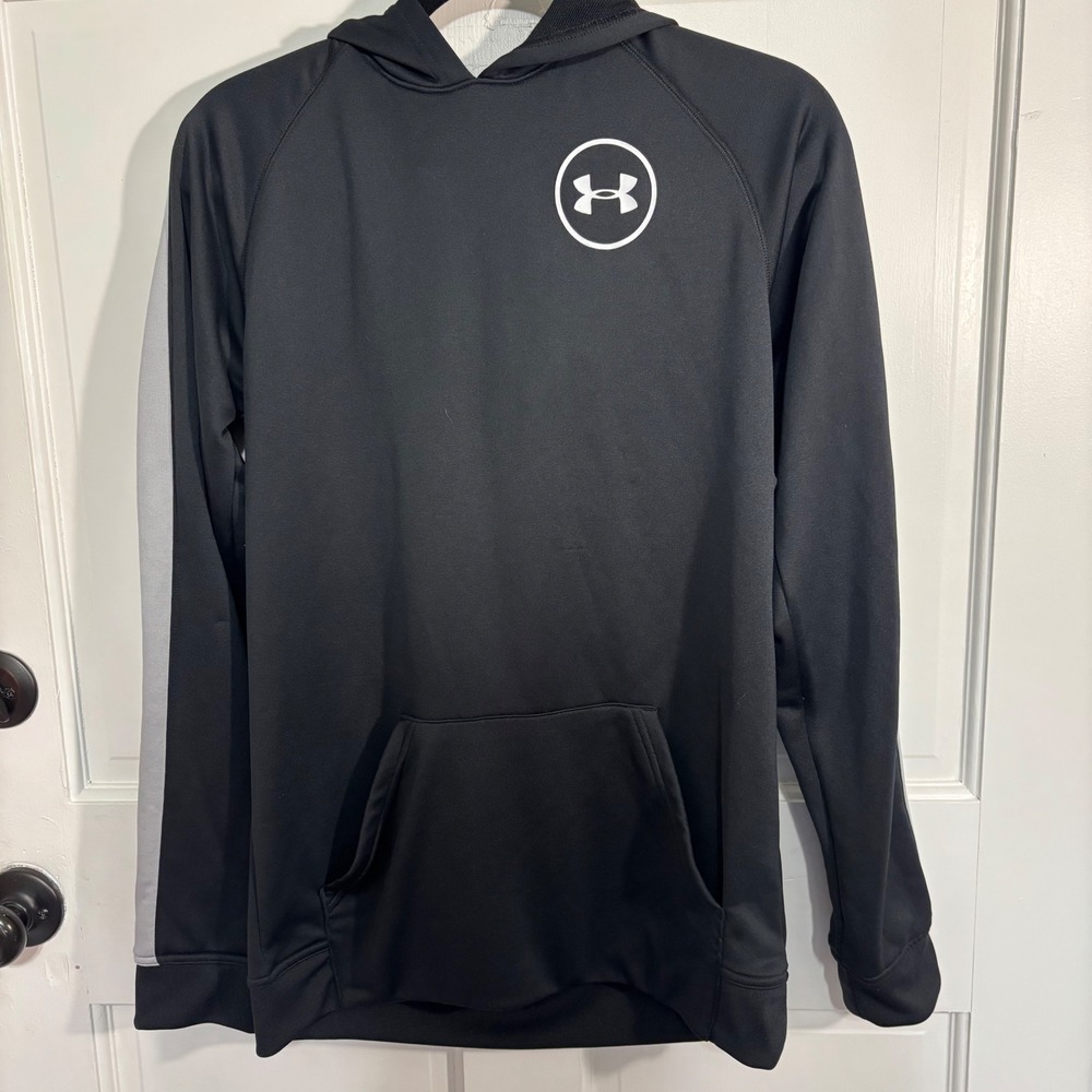 Under Armour Boys Youth Large Black Gray Performance Fleece Hoodie Sweatshirt